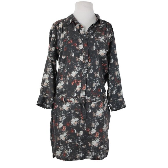 Etienne Marcel Sz L Charcoal Multi Color Floral Collared 100% Lyocell Dress - Picture 1 of 16